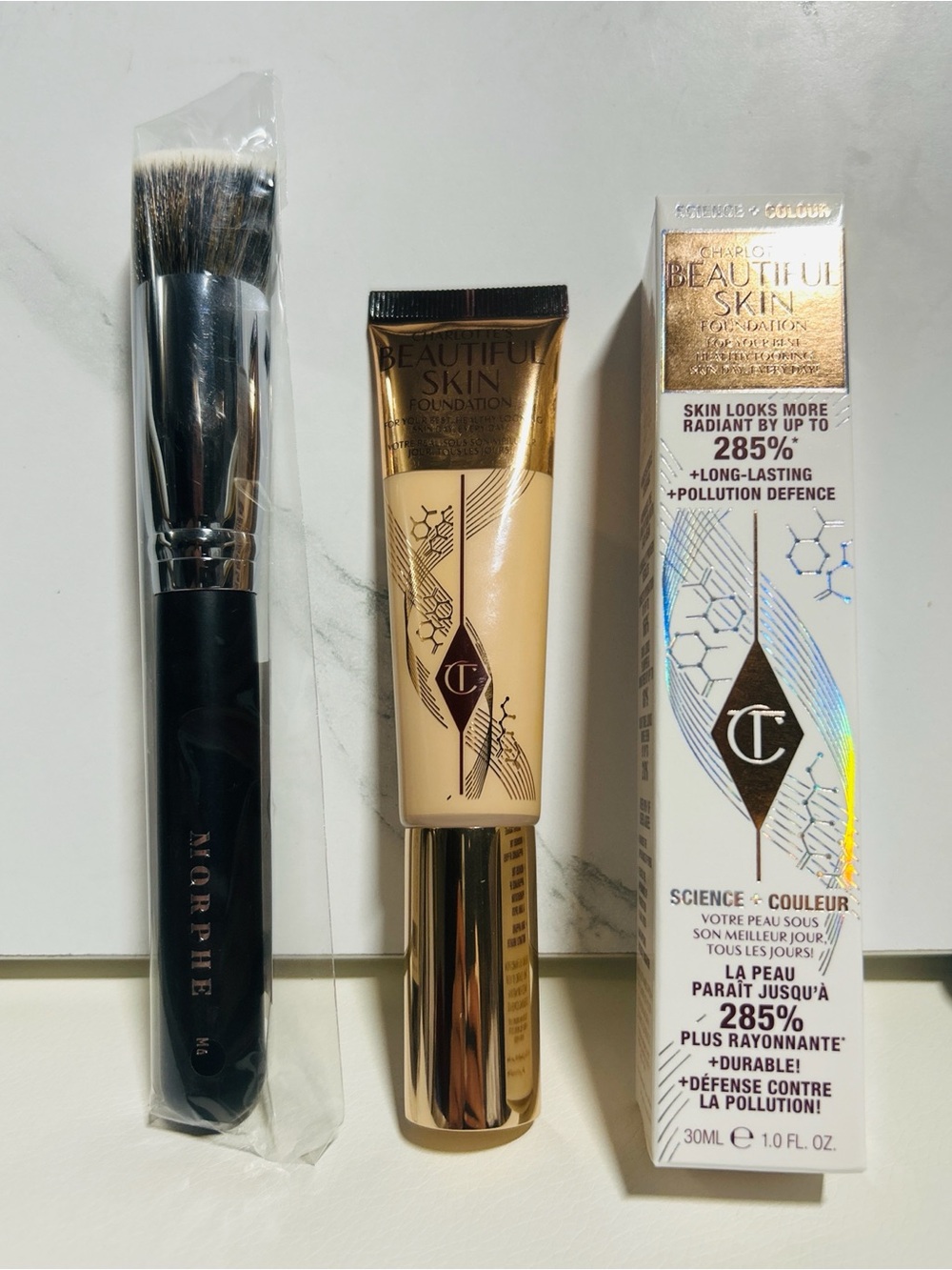 Charlotte Tilbury Beautiful Skin Foundation 1 Neutral + Morphe M6 Brush NEW